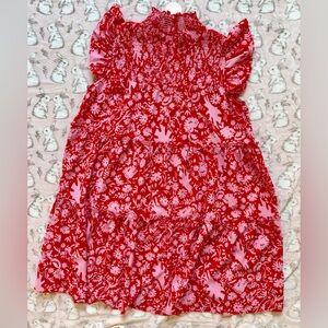 ODDY Red and Light Pink Floral Tiered Dress
